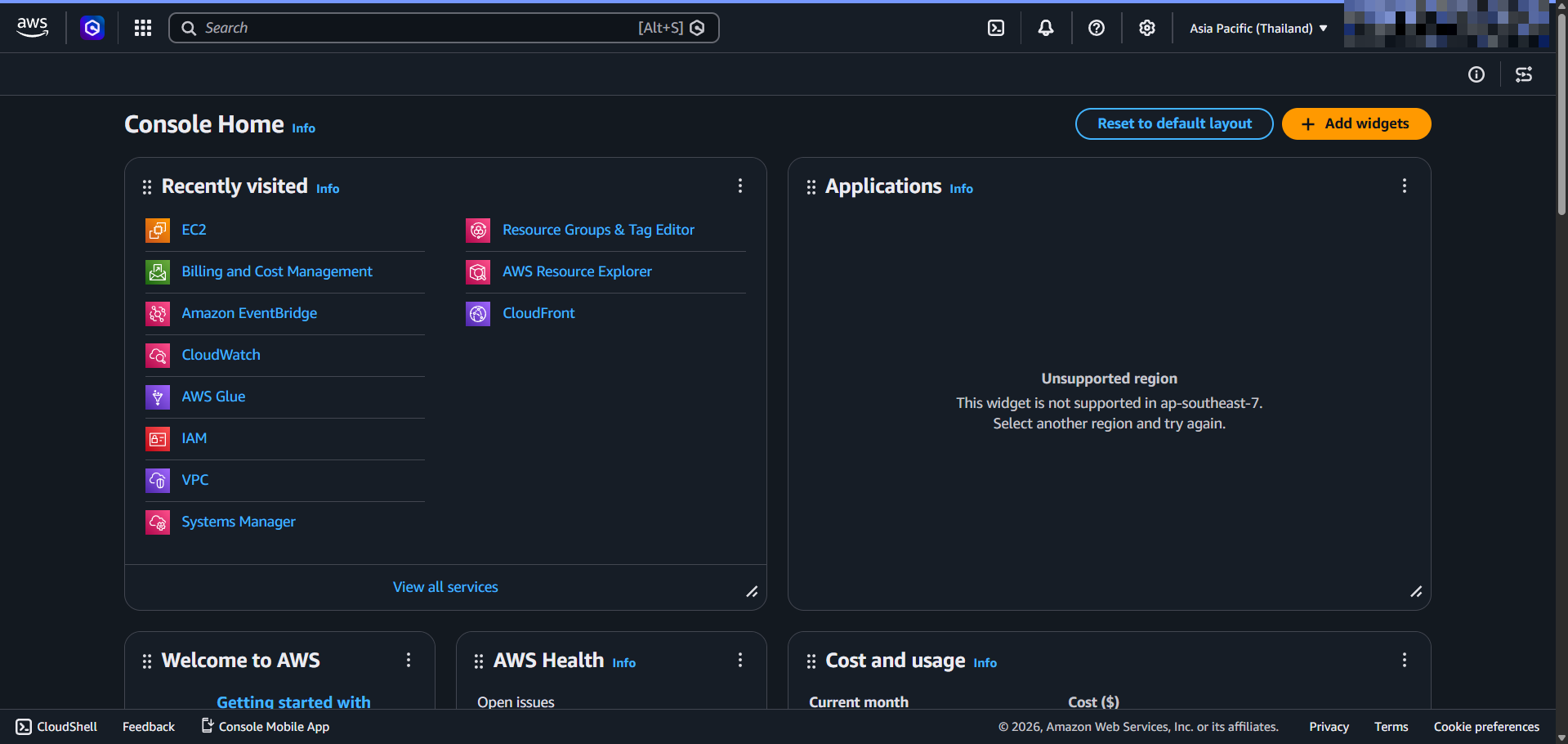 AWS console after login