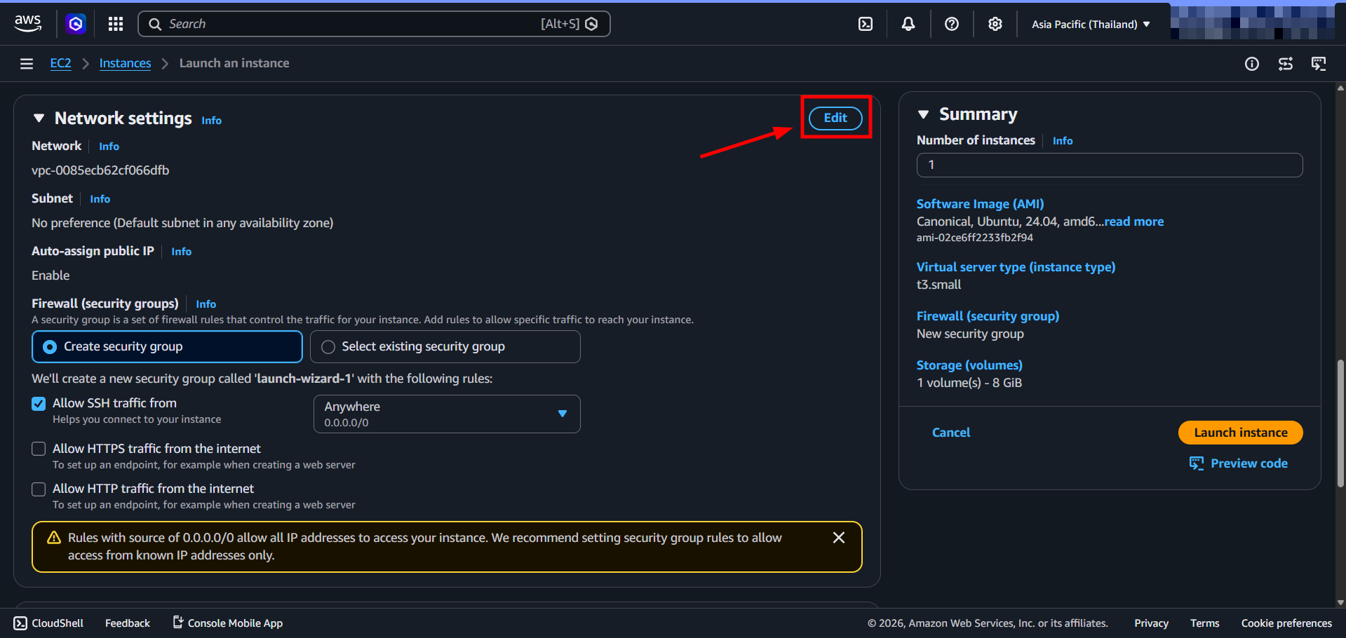 Editing security group settings
