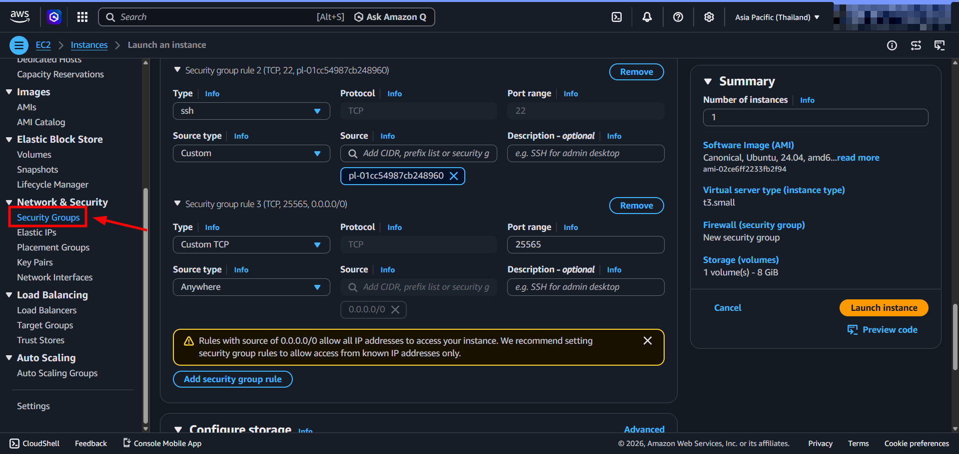 EC2 dashboard sidebar