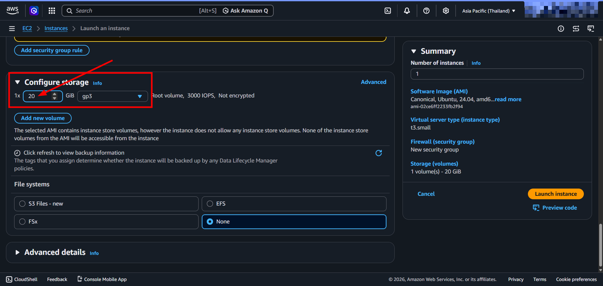 Instance storage settings