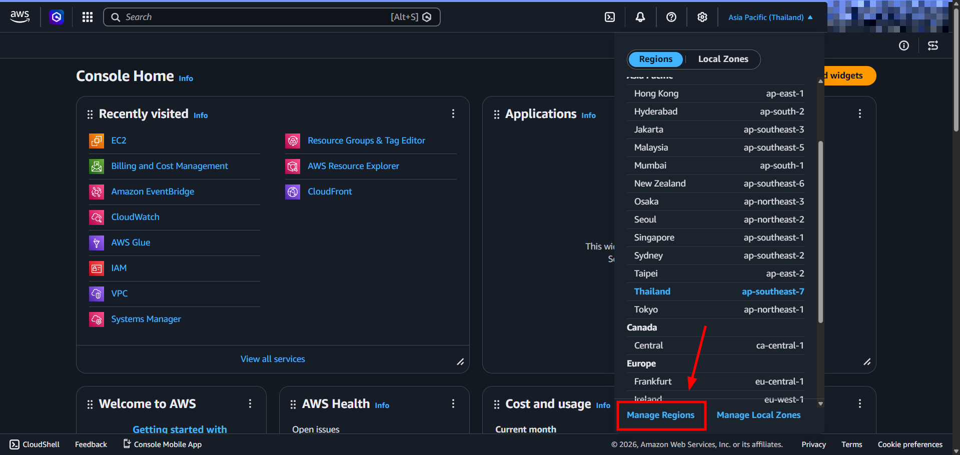 AWS manage regions menu