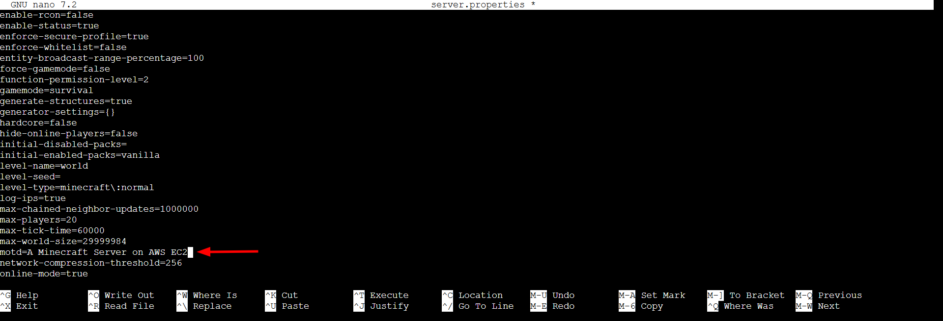 Editing server properties on AWS
