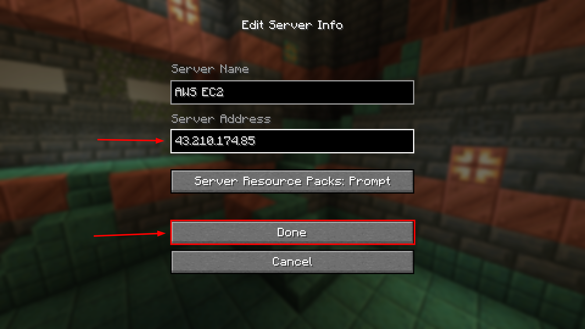 Adding server address in Minecraft