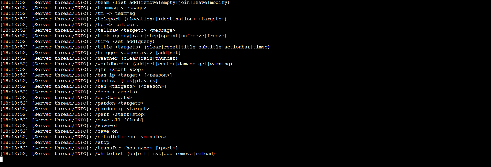 Minecraft server help command output