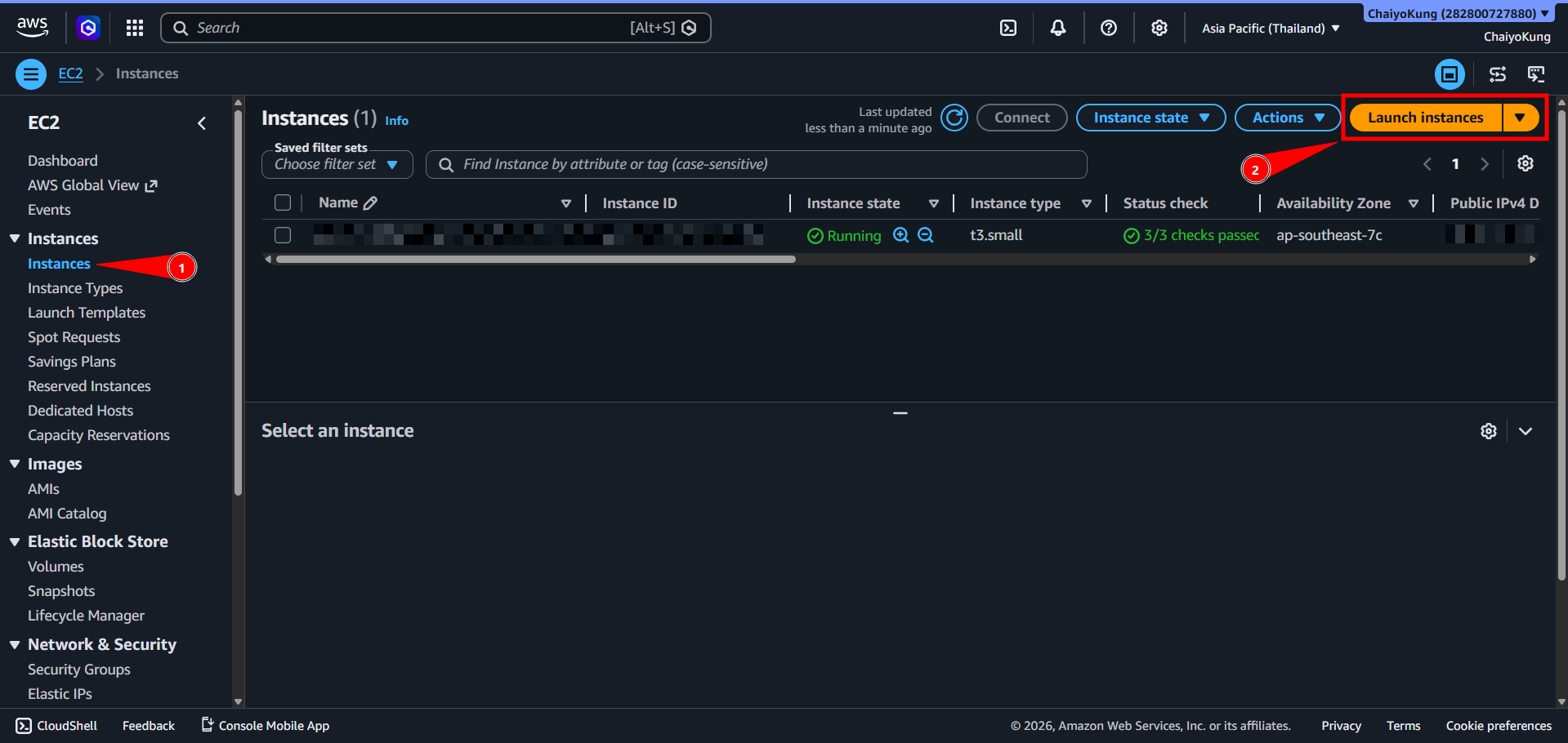 Instances page and launch button