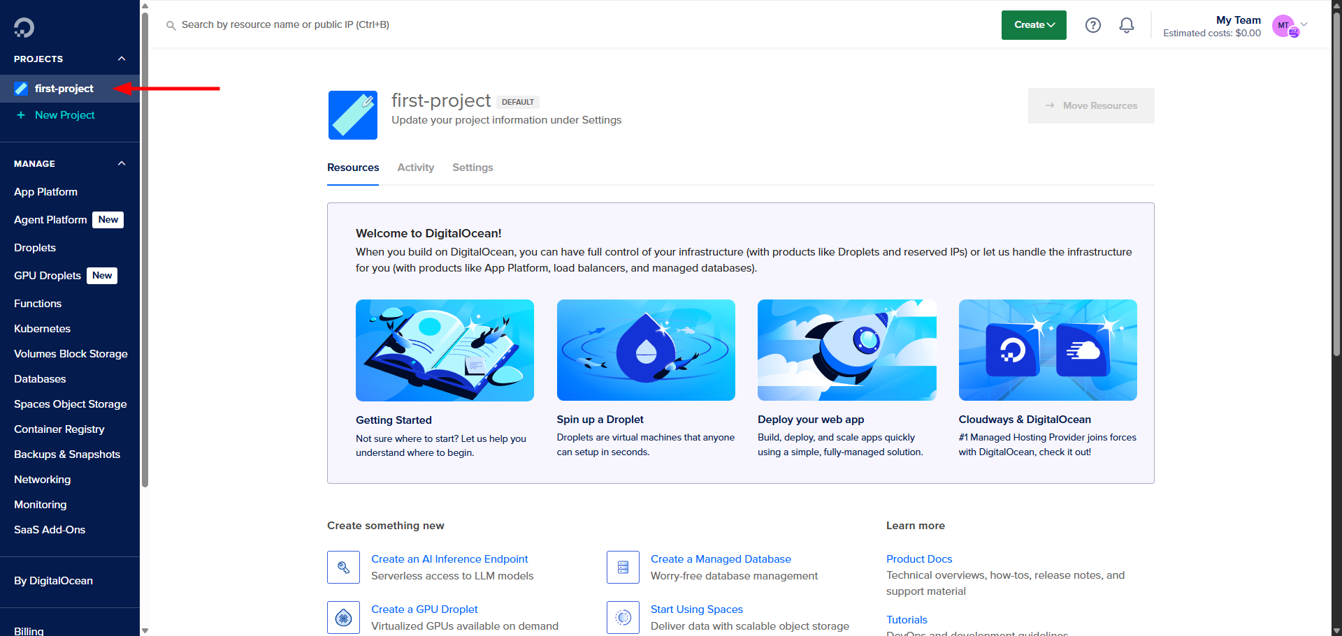 DigitalOcean first project interface