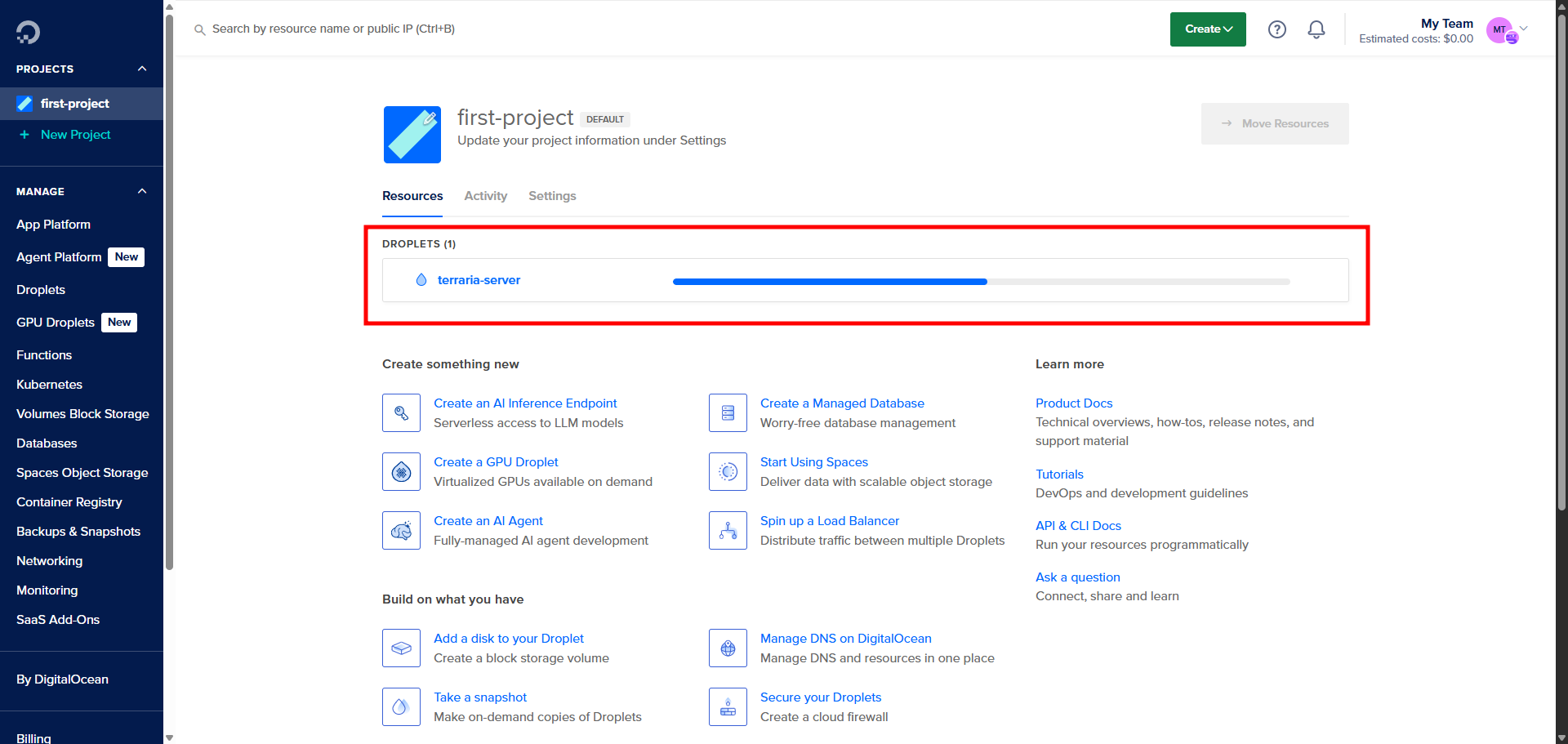 Droplet creation progress in DigitalOcean