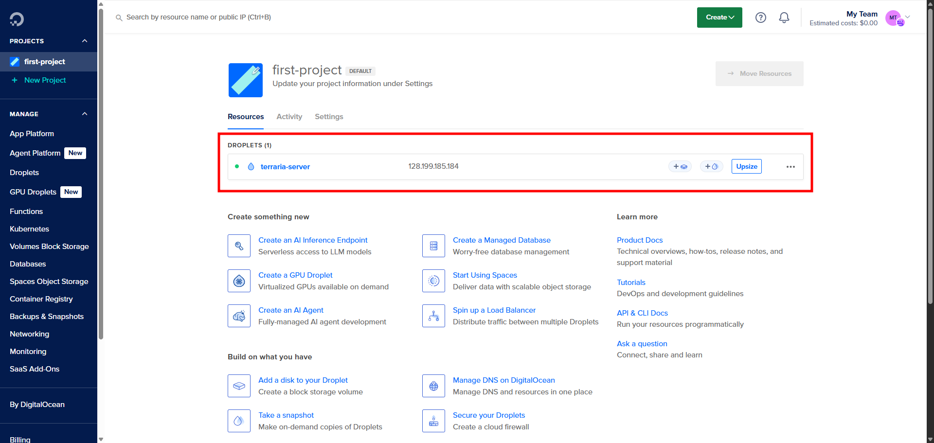 Droplet creation completed in DigitalOcean