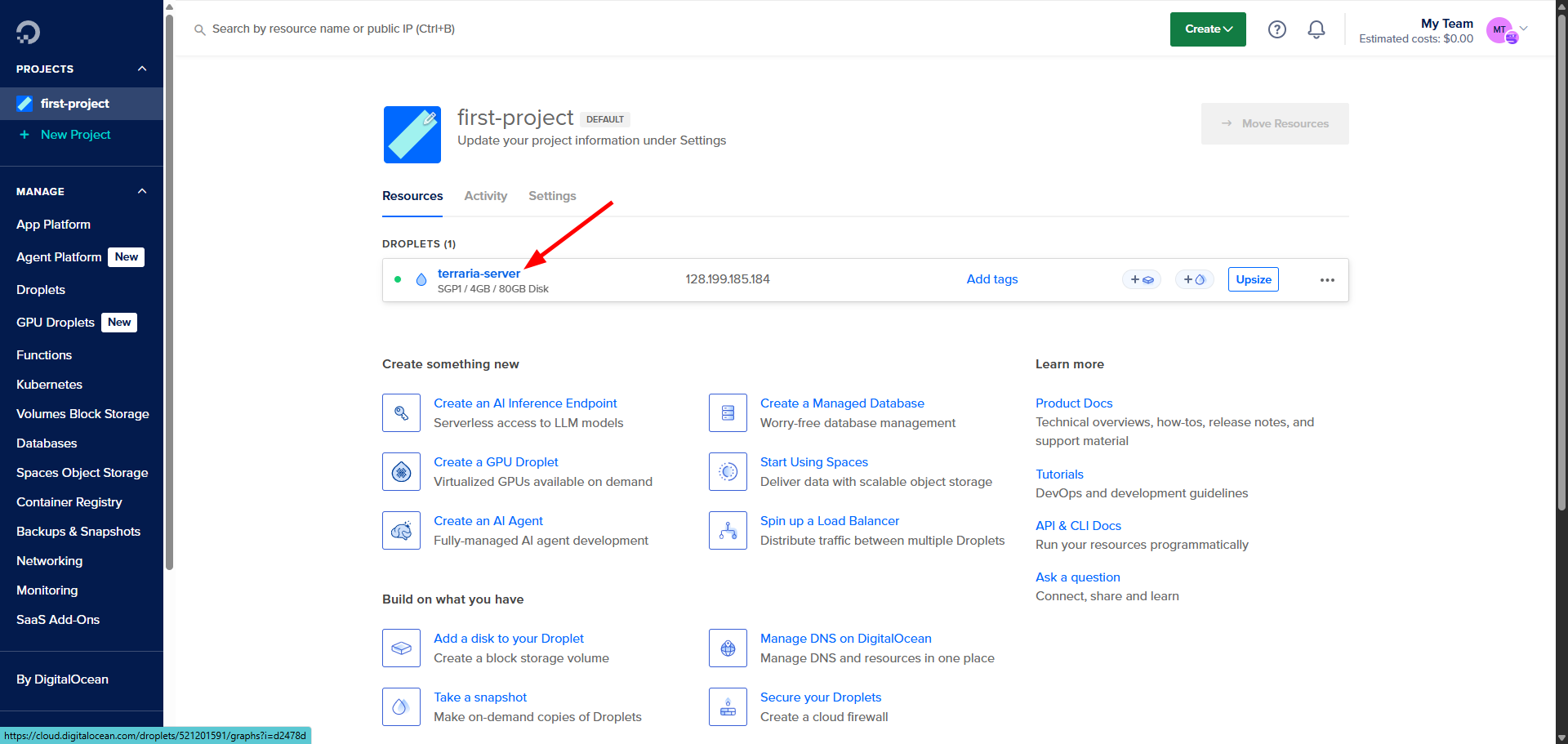 Droplet details page in DigitalOcean