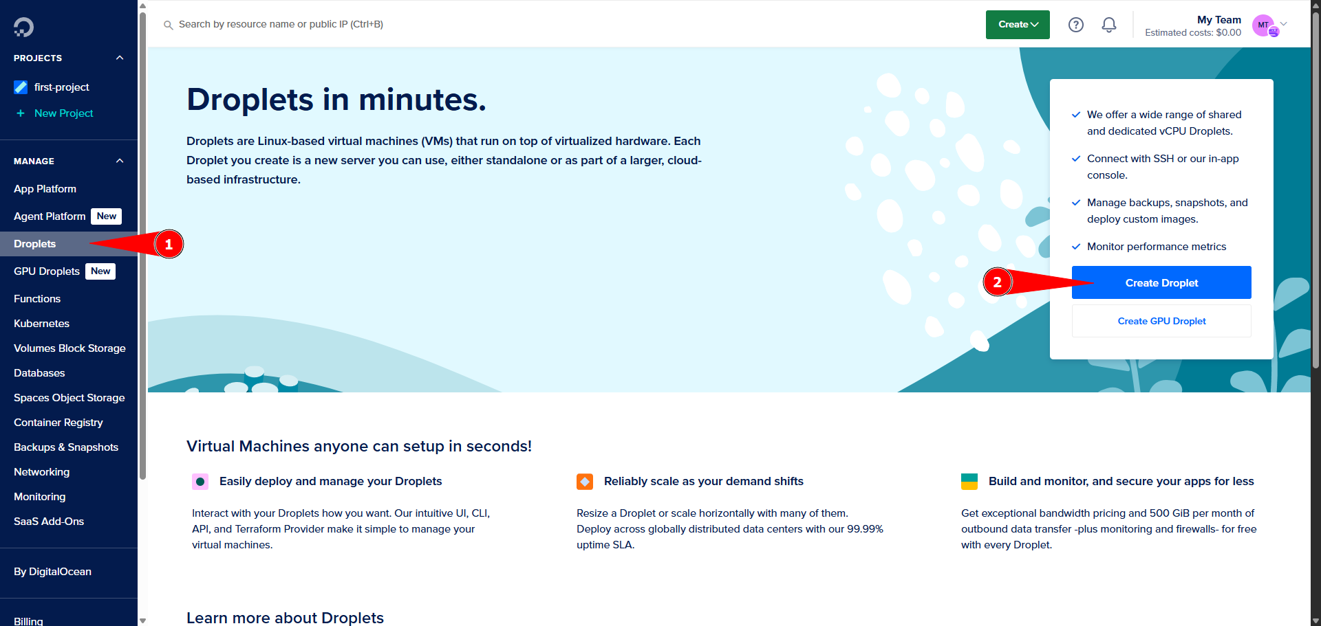Create Droplet button in DigitalOcean