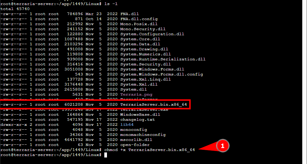 Adding execute permission to Terraria Server binary