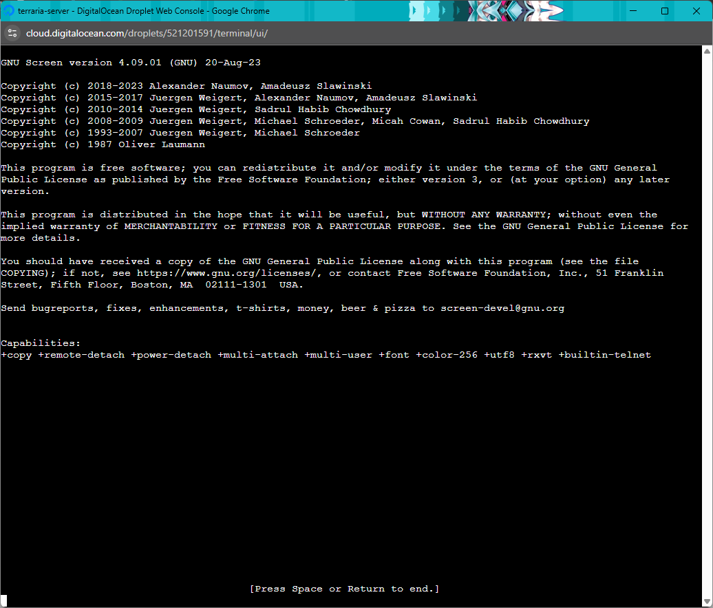 Screen session started