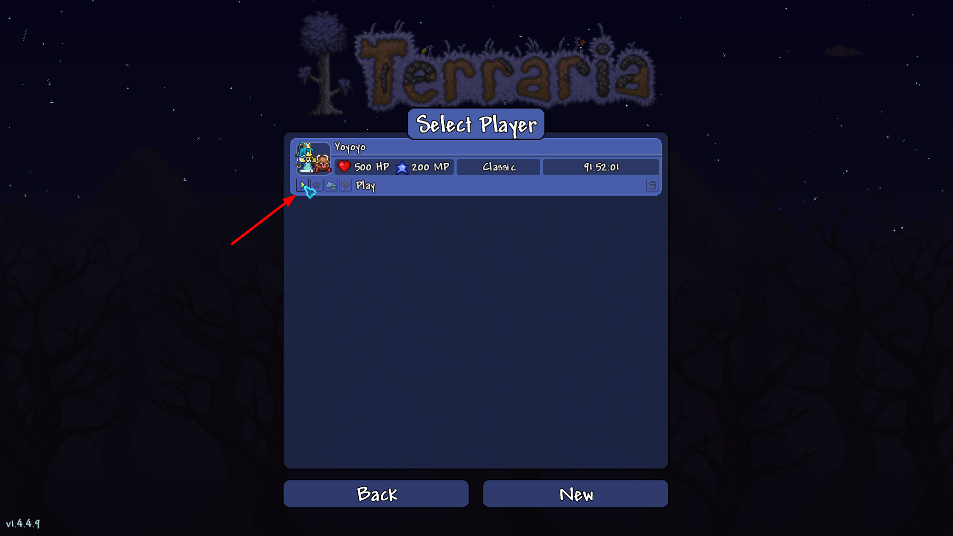 Terraria character selection