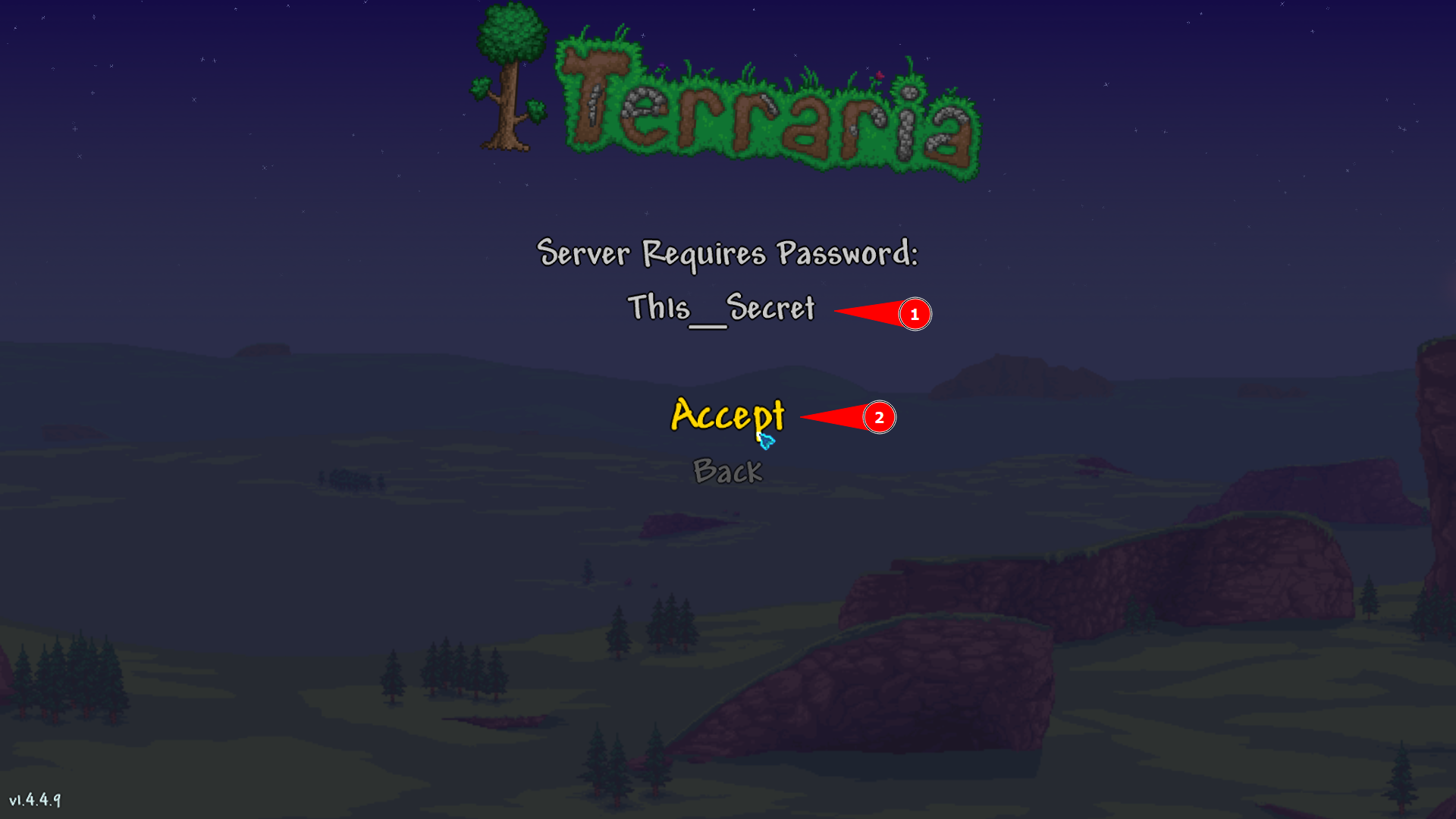 Entering server password in Terraria