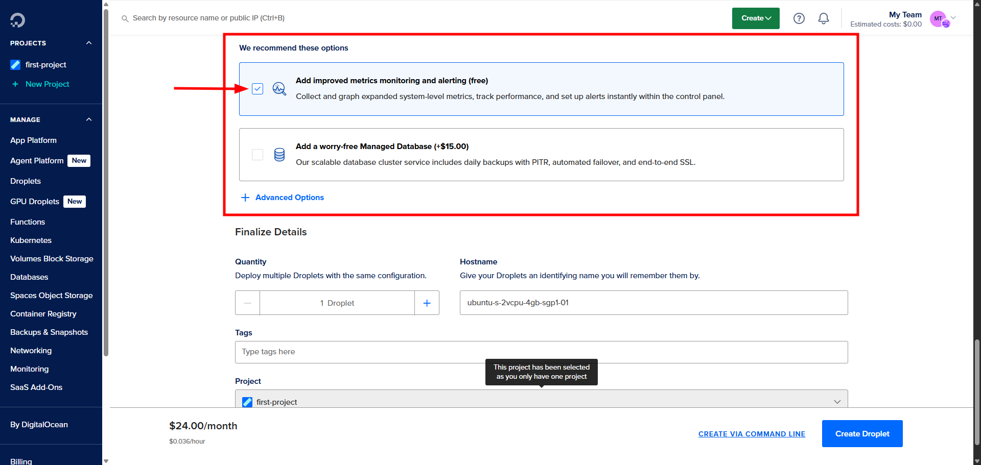 Metrics monitoring option in DigitalOcean
