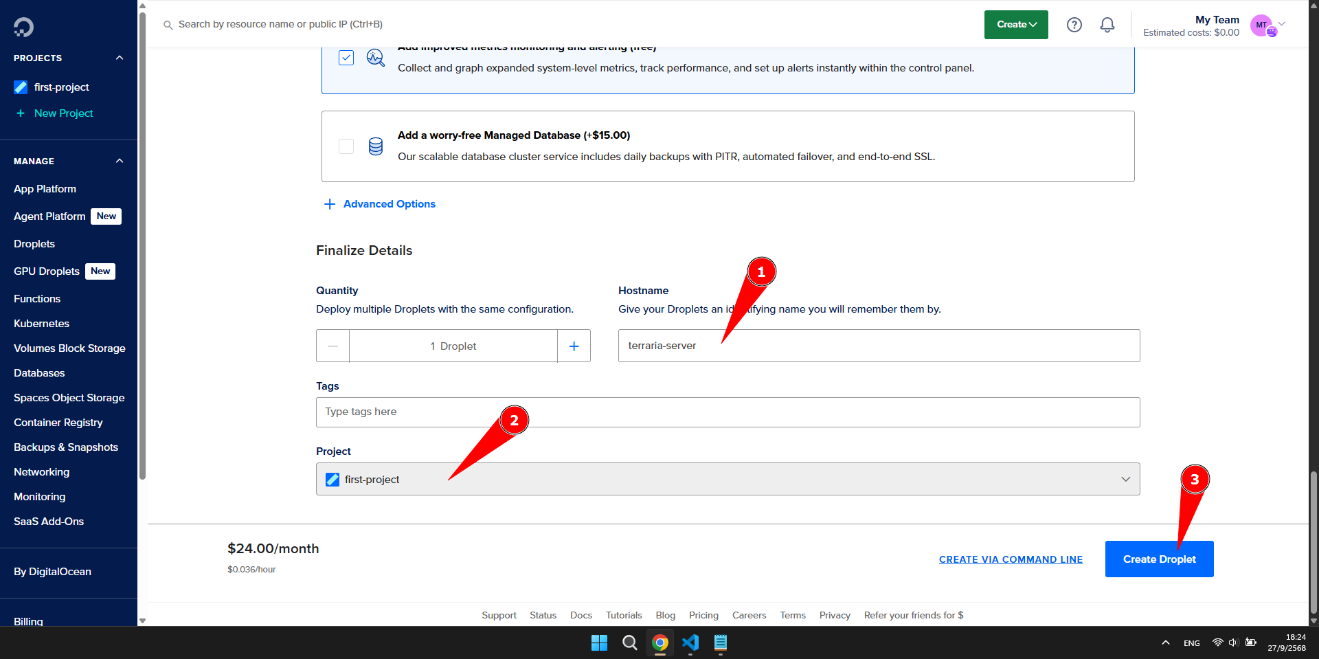 Droplet naming and project selection in DigitalOcean