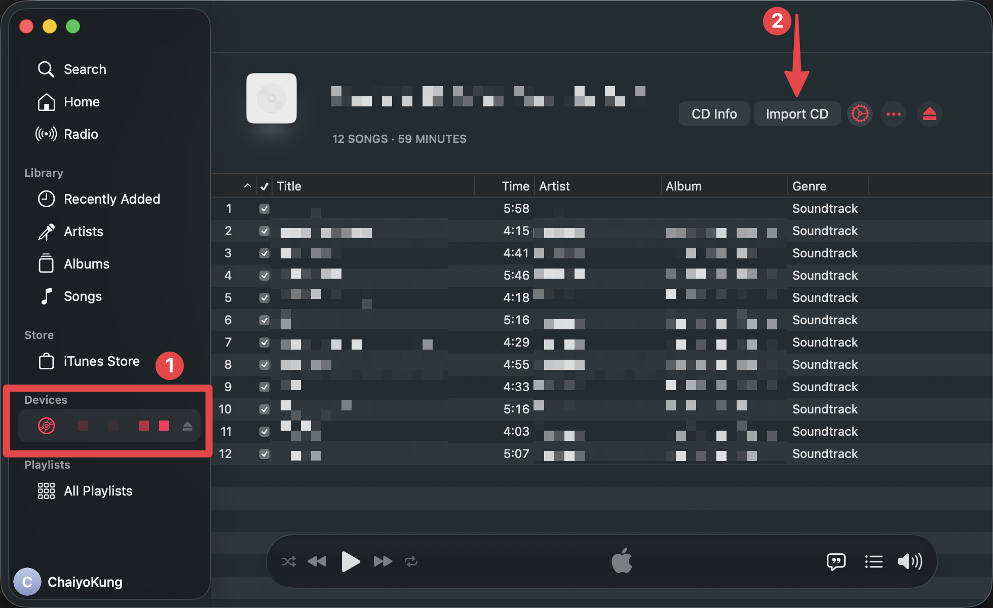 ปุ่ม Import CD ในแอป Music