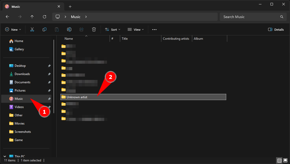 โฟลเดอร์ Music ที่มีโฟลเดอร์ศิลปิน