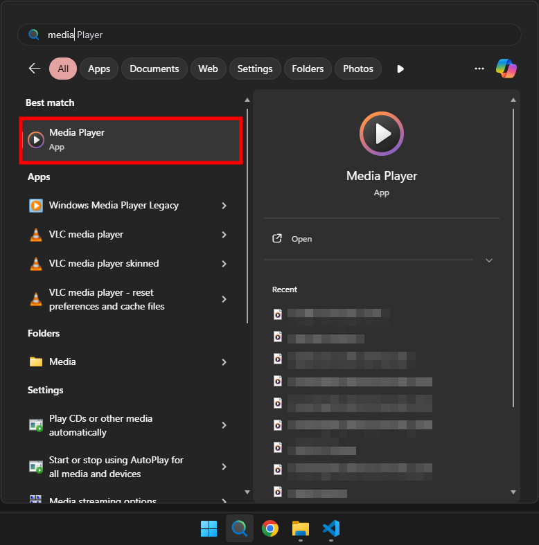 ค้นหาโปรแกรม Media Player