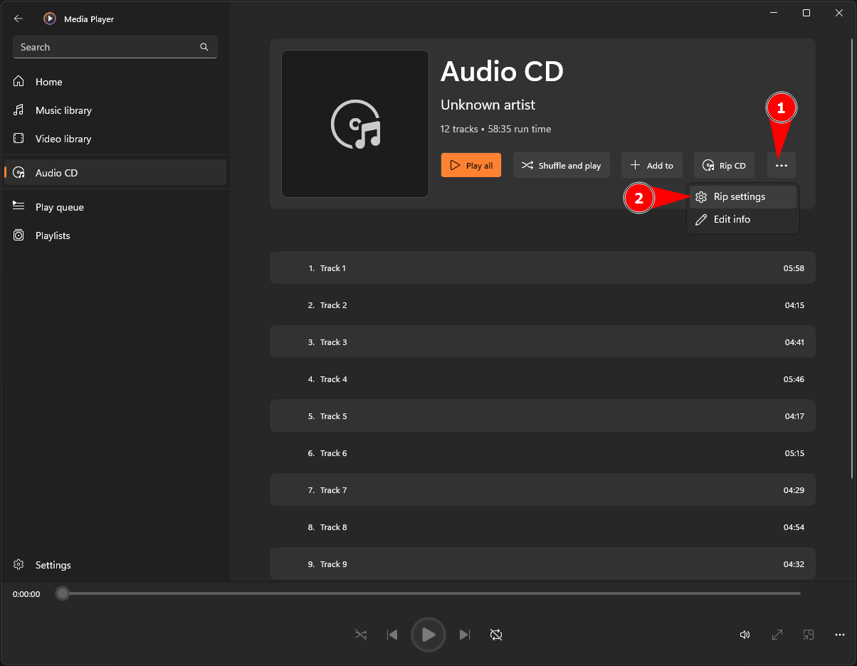 ปุ่มเมนู Rip settings