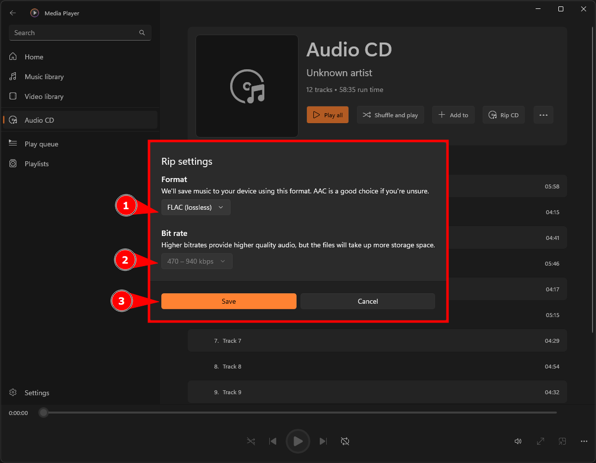 หน้าเมนู Rip settings