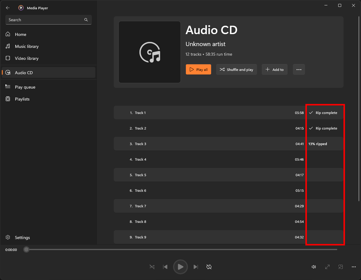 สถานะการ Rip เพลง