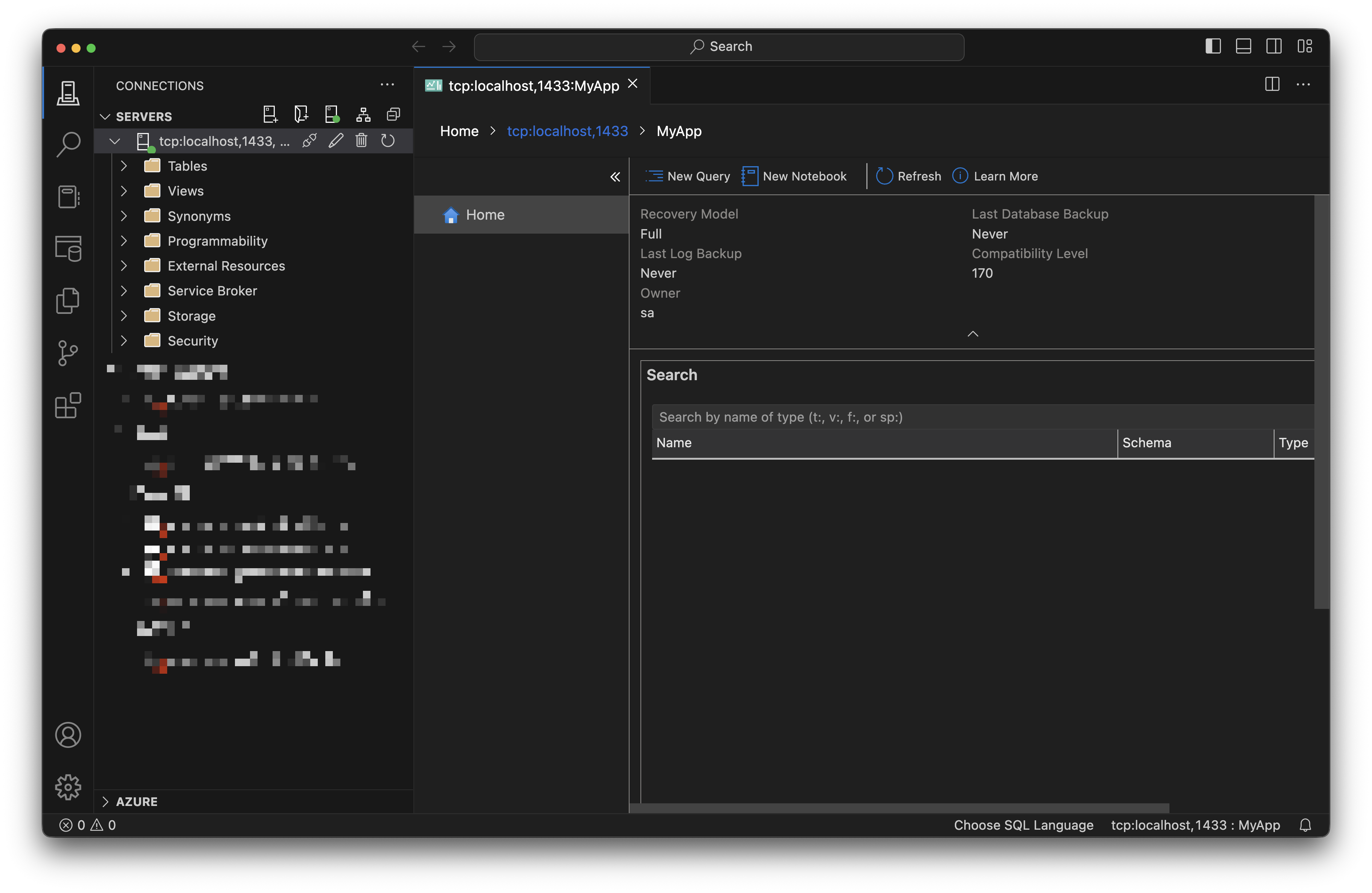 ตัวอย่างการเชื่อมต่อด้วย Azure Data Studio สำเร็จ